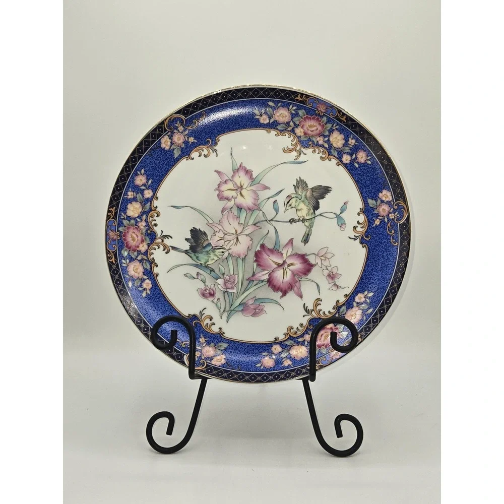 Vintage Japanese Decorative Porcelain Cabinet Plate Birds Floral Cobalt Blue